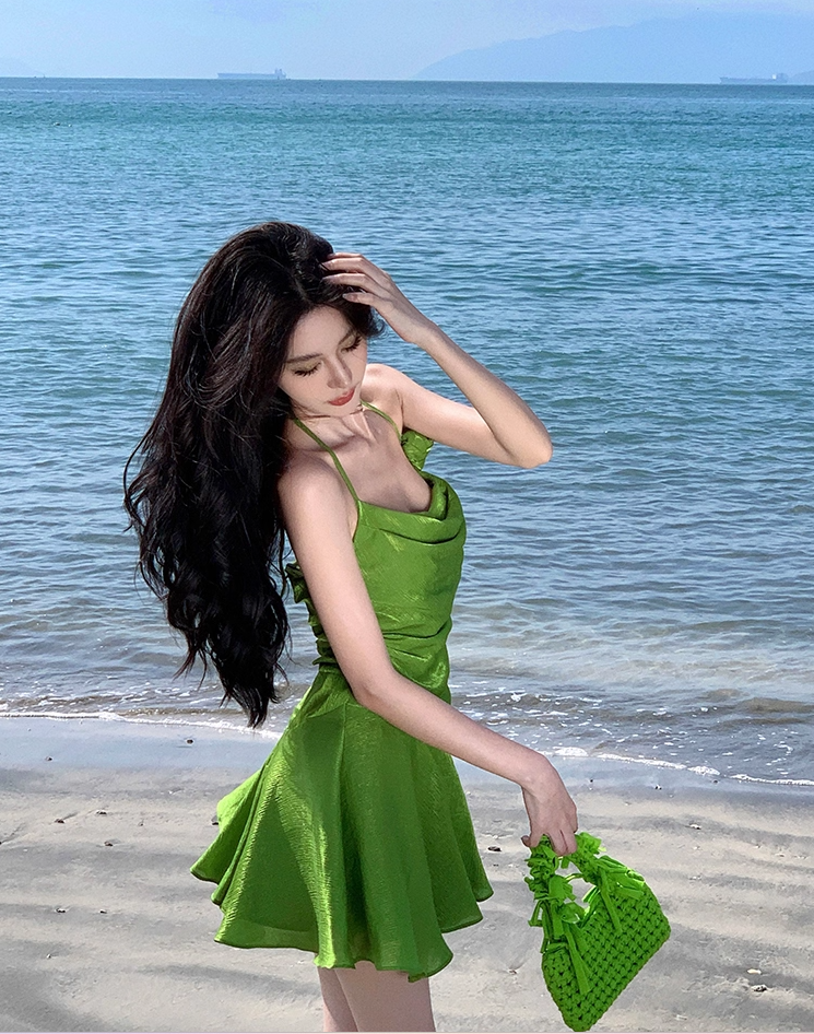 Vibrant Green Flower Design Lustrous Fabric Mini Skirt Alluring Cinched-Waist A-Line Halter Short Dress AP1185