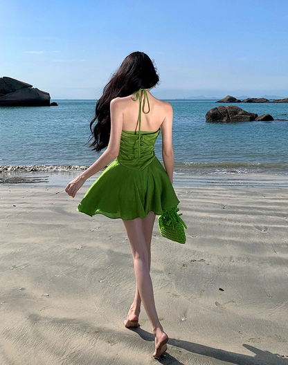 Vibrant Green Flower Design Lustrous Fabric Mini Skirt Alluring Cinched-Waist A-Line Halter Short Dress AP1185