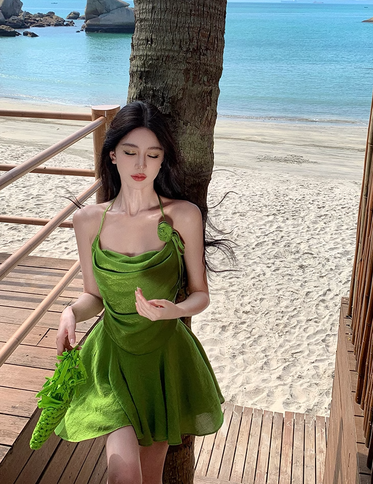 Vibrant Green Flower Design Lustrous Fabric Mini Skirt Alluring Cinched-Waist A-Line Halter Short Dress AP1185