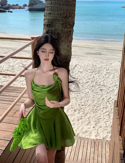 Vibrant Green Flower Design Lustrous Fabric Mini Skirt Alluring Cinched-Waist A-Line Halter Short Dress AP1185