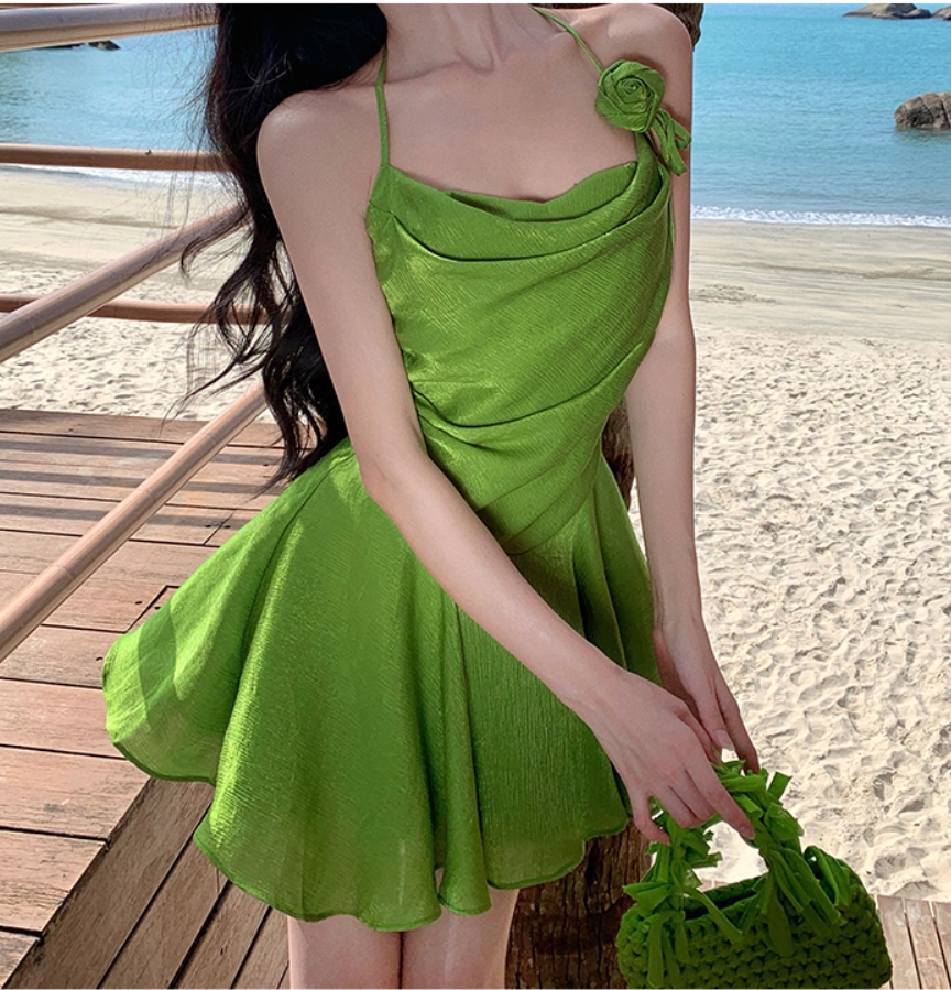 Vibrant Green Flower Design Lustrous Fabric Mini Skirt Alluring Cinched-Waist A-Line Halter Short Dress AP1185