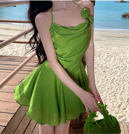 Vibrant Green Flower Design Lustrous Fabric Mini Skirt Alluring Cinched-Waist A-Line Halter Short Dress AP1185