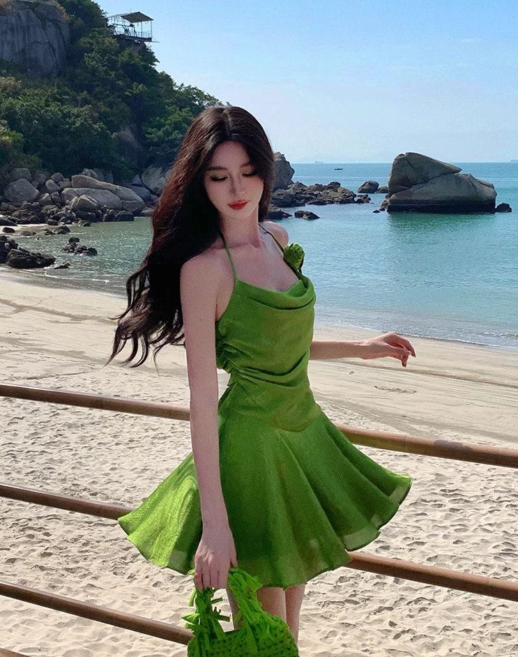 Vibrant Green Flower Design Lustrous Fabric Mini Skirt Alluring Cinched-Waist A-Line Halter Short Dress AP1185