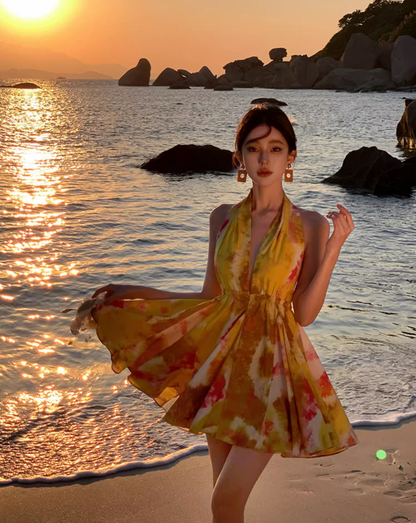 Hot Girls Coastal Getaways Flowy Mini Skirt Alluring Yellow Tie-Dye A-Line Halter Short Dress AP1186