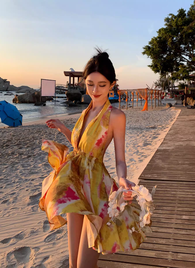 Hot Girls Coastal Getaways Flowy Mini Skirt Alluring Yellow Tie-Dye A-Line Halter Short Dress AP1186