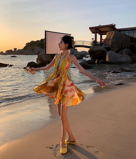 Hot Girls Coastal Getaways Flowy Mini Skirt Alluring Yellow Tie-Dye A-Line Halter Short Dress AP1186