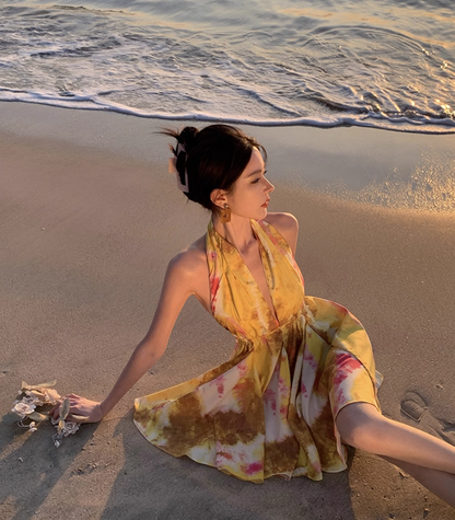 Hot Girls Coastal Getaways Flowy Mini Skirt Alluring Yellow Tie-Dye A-Line Halter Short Dress AP1186