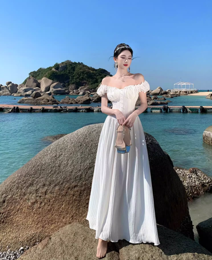 Alluring White Everyday Wear Maxi Dress Strapless Ruffles Fringe A-Line Long Dress AP1187