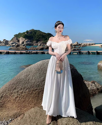 Alluring White Everyday Wear Maxi Dress Strapless Ruffles Fringe A-Line Long Dress AP1187