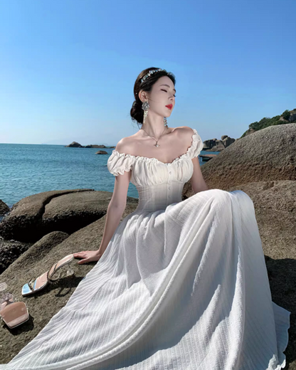 Alluring White Everyday Wear Maxi Dress Strapless Ruffles Fringe A-Line Long Dress AP1187