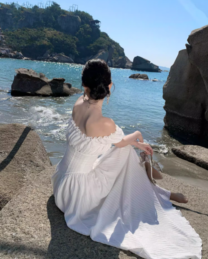 Alluring White Everyday Wear Maxi Dress Strapless Ruffles Fringe A-Line Long Dress AP1187