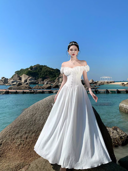 Alluring White Everyday Wear Maxi Dress Strapless Ruffles Fringe A-Line Long Dress AP1187