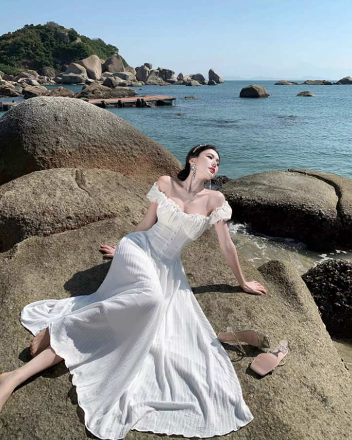 Alluring White Everyday Wear Maxi Dress Strapless Ruffles Fringe A-Line Long Dress AP1187