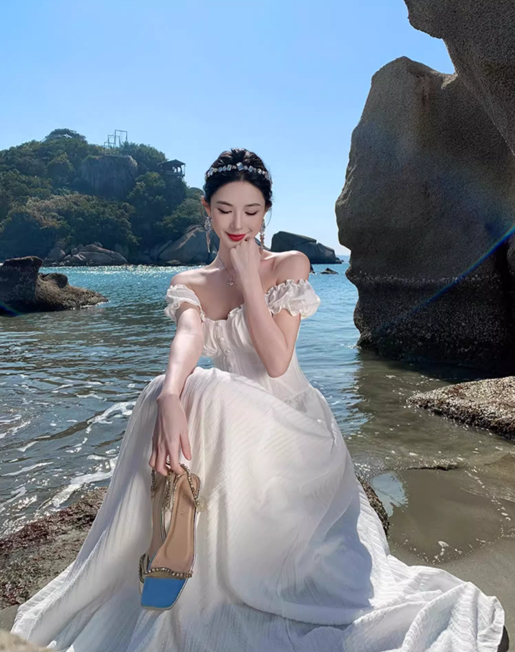 Alluring White Everyday Wear Maxi Dress Strapless Ruffles Fringe A-Line Long Dress AP1187