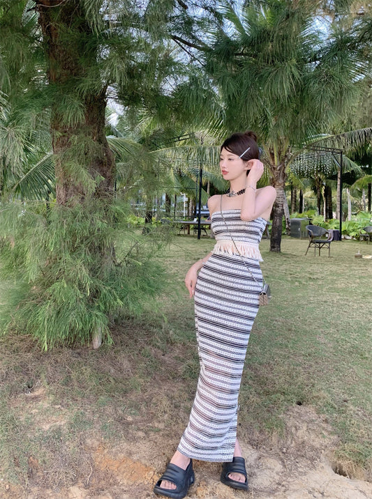 Glamorous Two-Piece Set Striped Knit Maxi Dress Strapless Fringe-Trimmed Long Dress AP1188