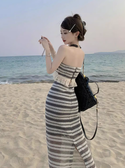 Glamorous Two-Piece Set Striped Knit Maxi Dress Strapless Fringe-Trimmed Long Dress AP1188