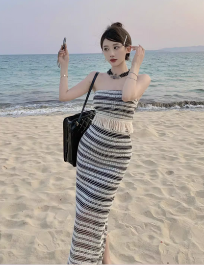 Glamorous Two-Piece Set Striped Knit Maxi Dress Strapless Fringe-Trimmed Long Dress AP1188