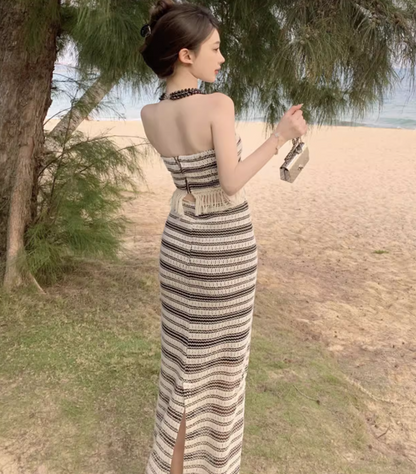 Glamorous Two-Piece Set Striped Knit Maxi Dress Strapless Fringe-Trimmed Long Dress AP1188