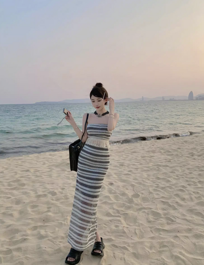 Glamorous Two-Piece Set Striped Knit Maxi Dress Strapless Fringe-Trimmed Long Dress AP1188