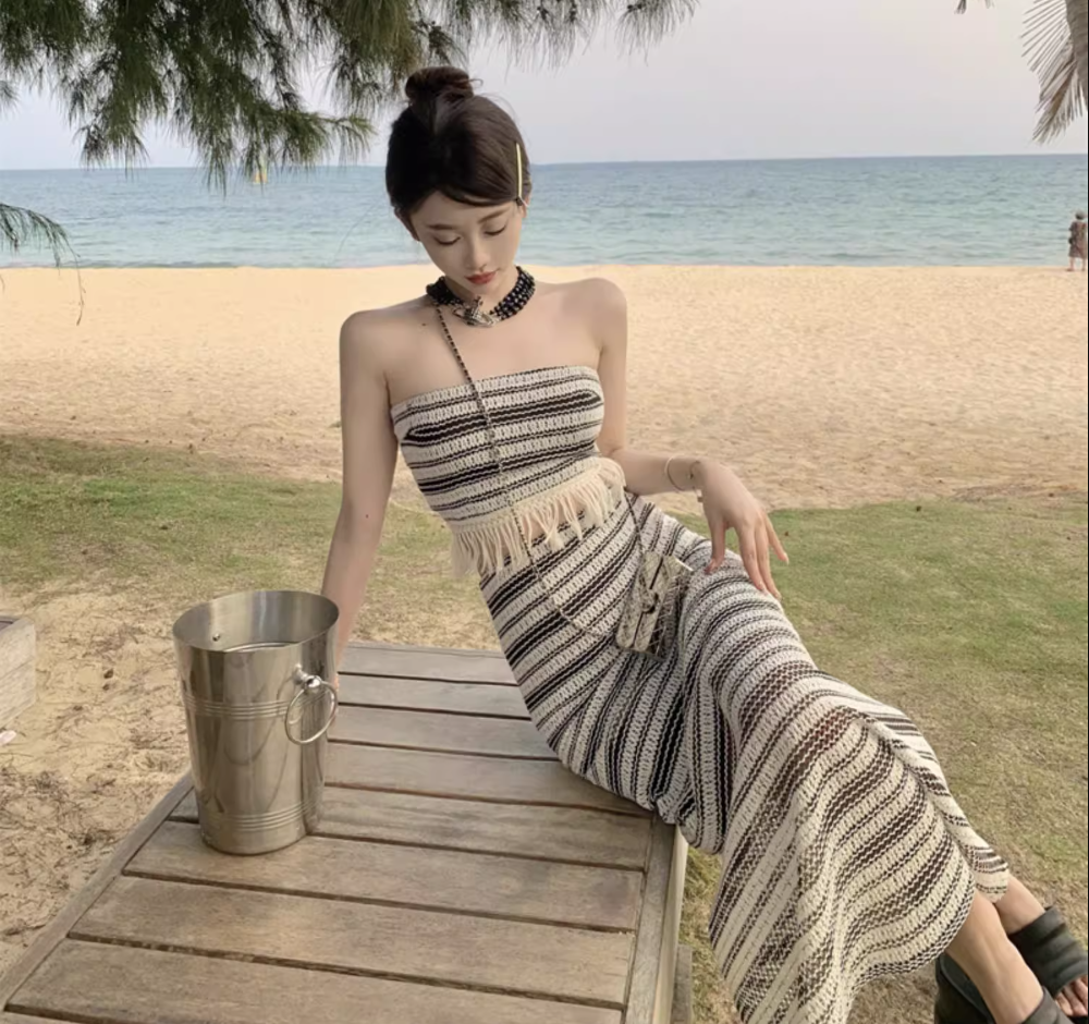 Glamorous Two-Piece Set Striped Knit Maxi Dress Strapless Fringe-Trimmed Long Dress AP1188