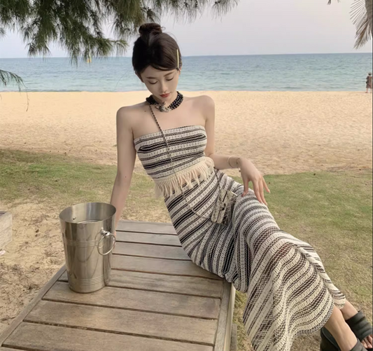 Glamorous Two-Piece Set Striped Knit Maxi Dress Strapless Fringe-Trimmed Long Dress AP1188