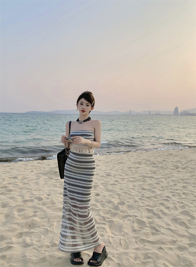 Glamorous Two-Piece Set Striped Knit Maxi Dress Strapless Fringe-Trimmed Long Dress AP1188