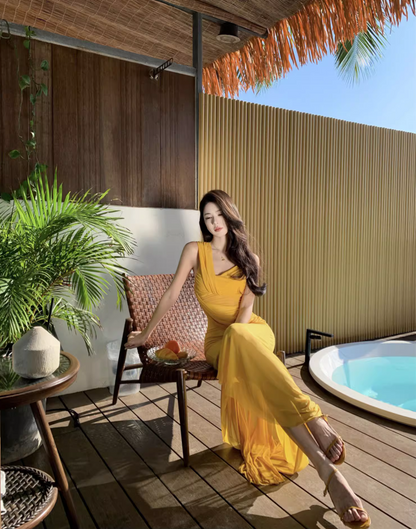 Fabulous Asymmetric Neckline Maxi Dress Chic Draped Soft Fabric Tulle Overlay Long Dress AP1189