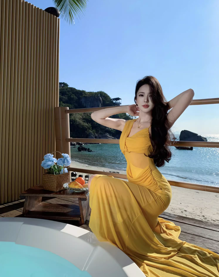 Fabulous Asymmetric Neckline Maxi Dress Chic Draped Soft Fabric Tulle Overlay Long Dress AP1189