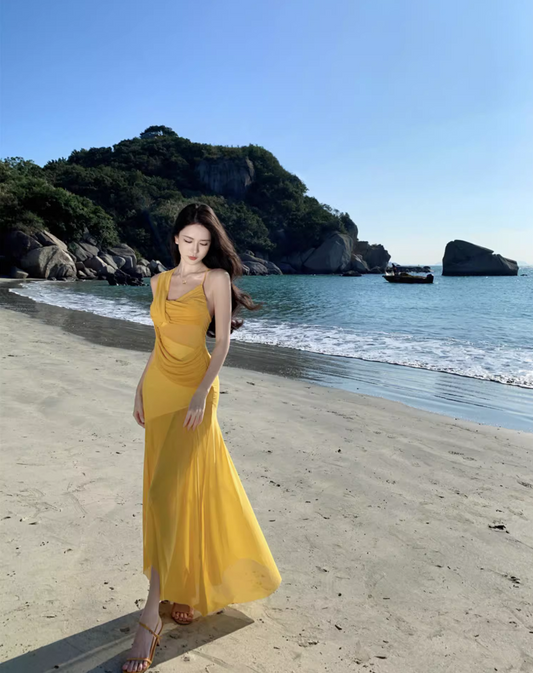 Fabulous Asymmetric Neckline Maxi Dress Chic Draped Soft Fabric Tulle Overlay Long Dress AP1189