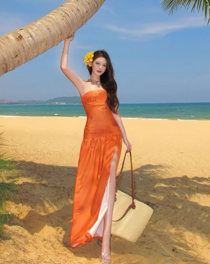 Charming High Slit Orange Printed Maxi Dress Vibrant Strapless Soft Fabric Long Dress AP1190