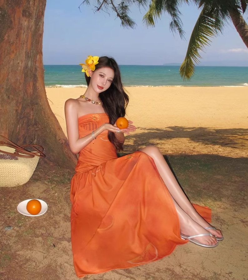 Charming High Slit Orange Printed Maxi Dress Vibrant Strapless Soft Fabric Long Dress AP1190