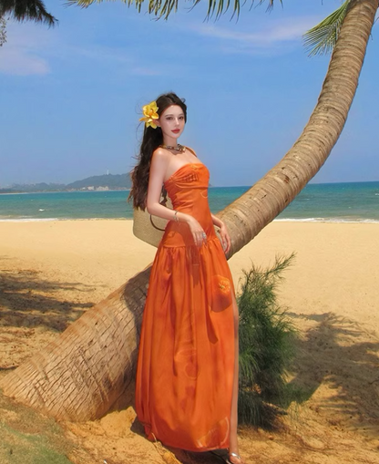 Charming High Slit Orange Printed Maxi Dress Vibrant Strapless Soft Fabric Long Dress AP1190