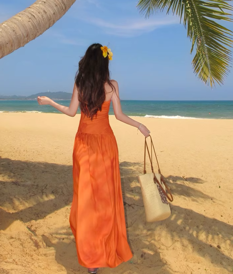 Charming High Slit Orange Printed Maxi Dress Vibrant Strapless Soft Fabric Long Dress AP1190