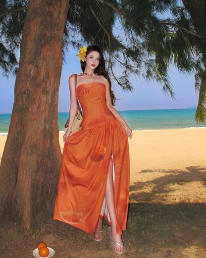 Charming High Slit Orange Printed Maxi Dress Vibrant Strapless Soft Fabric Long Dress AP1190