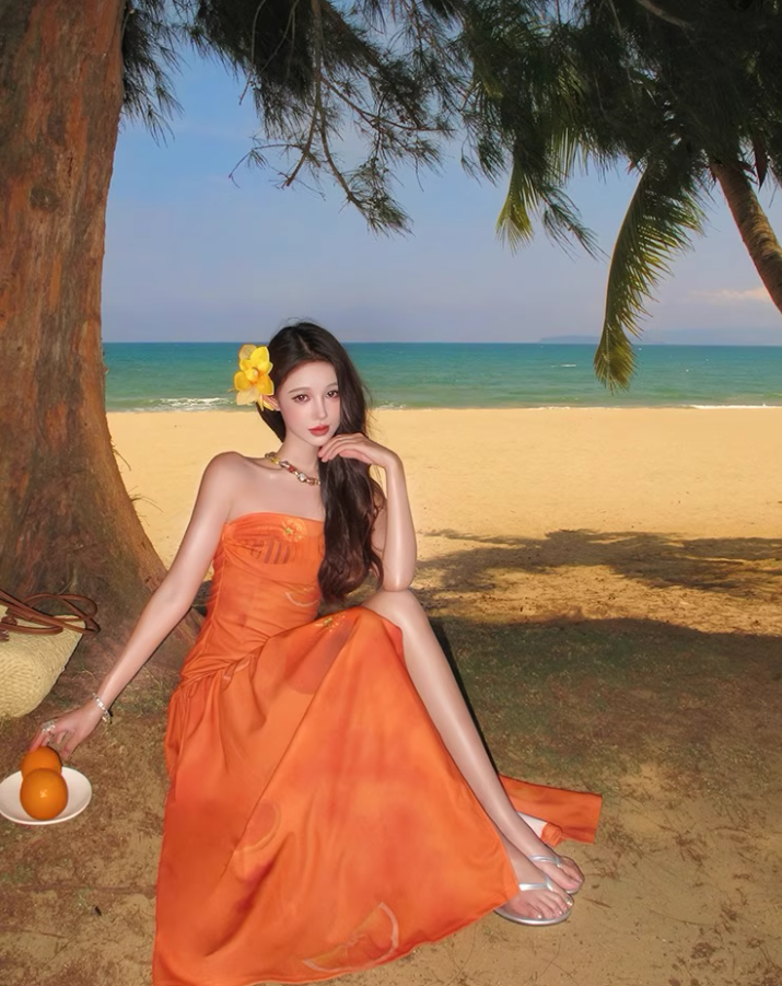 Charming High Slit Orange Printed Maxi Dress Vibrant Strapless Soft Fabric Long Dress AP1190