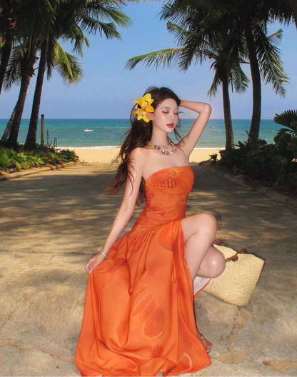 Charming High Slit Orange Printed Maxi Dress Vibrant Strapless Soft Fabric Long Dress AP1190