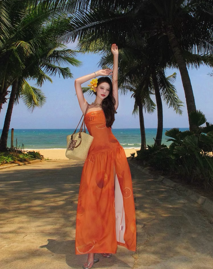 Charming High Slit Orange Printed Maxi Dress Vibrant Strapless Soft Fabric Long Dress AP1190