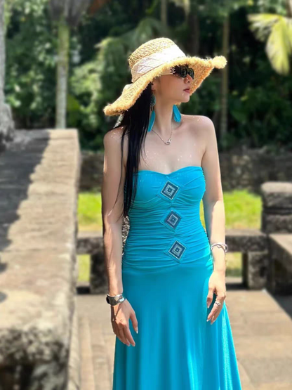 Boho-Inspired Beach Vacays Ruched-Waist Maxi Dress Coastal Trips Strapless Soft Fabric Long Dress AP1191