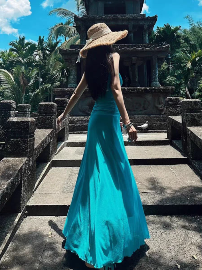 Boho-Inspired Beach Vacays Ruched-Waist Maxi Dress Coastal Trips Strapless Soft Fabric Long Dress AP1191