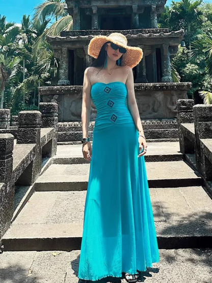Boho-Inspired Beach Vacays Ruched-Waist Maxi Dress Coastal Trips Strapless Soft Fabric Long Dress AP1191