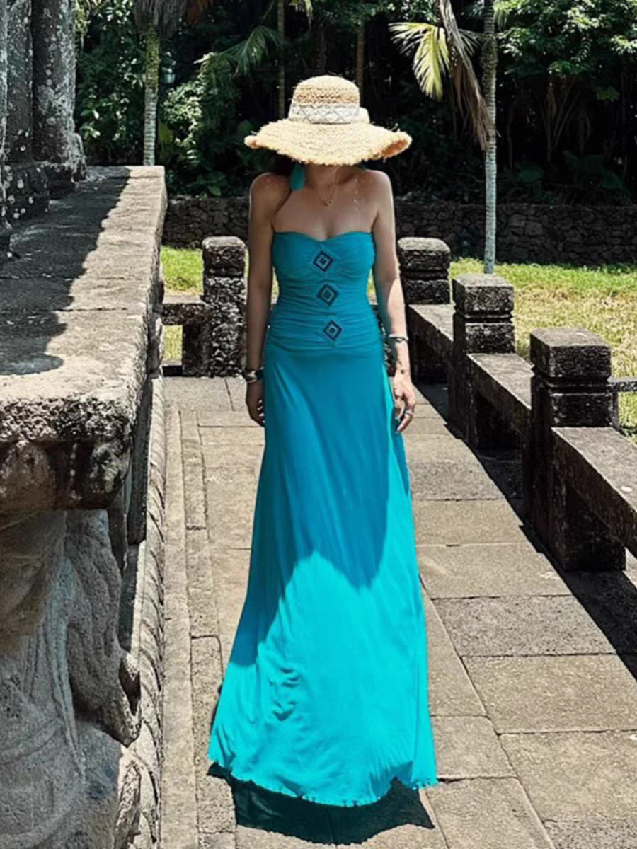 Boho-Inspired Beach Vacays Ruched-Waist Maxi Dress Coastal Trips Strapless Soft Fabric Long Dress AP1191