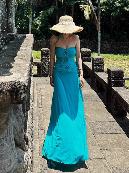 Boho-Inspired Beach Vacays Ruched-Waist Maxi Dress Coastal Trips Strapless Soft Fabric Long Dress AP1191