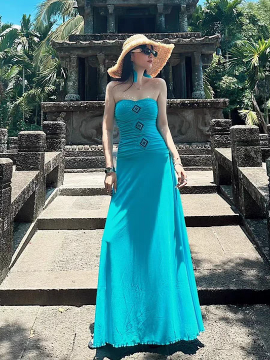 Boho-Inspired Beach Vacays Ruched-Waist Maxi Dress Coastal Trips Strapless Soft Fabric Long Dress AP1191