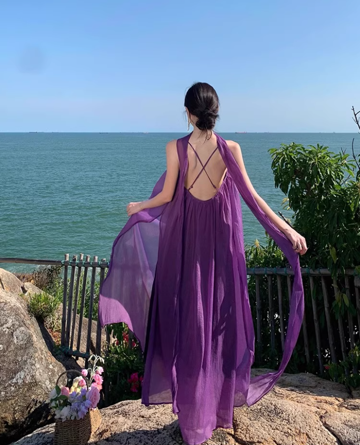 Elegant Loose Style Tulle Layered Maxi Dress Coastal Trips Spaghetti Strap Purple Long Dress AP1192