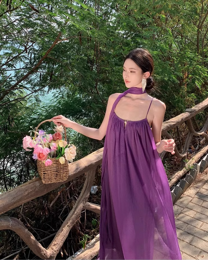 Elegant Loose Style Tulle Layered Maxi Dress Coastal Trips Spaghetti Strap Purple Long Dress AP1192