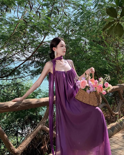 Elegant Loose Style Tulle Layered Maxi Dress Coastal Trips Spaghetti Strap Purple Long Dress AP1192