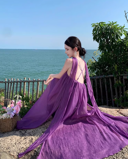 Elegant Loose Style Tulle Layered Maxi Dress Coastal Trips Spaghetti Strap Purple Long Dress AP1192