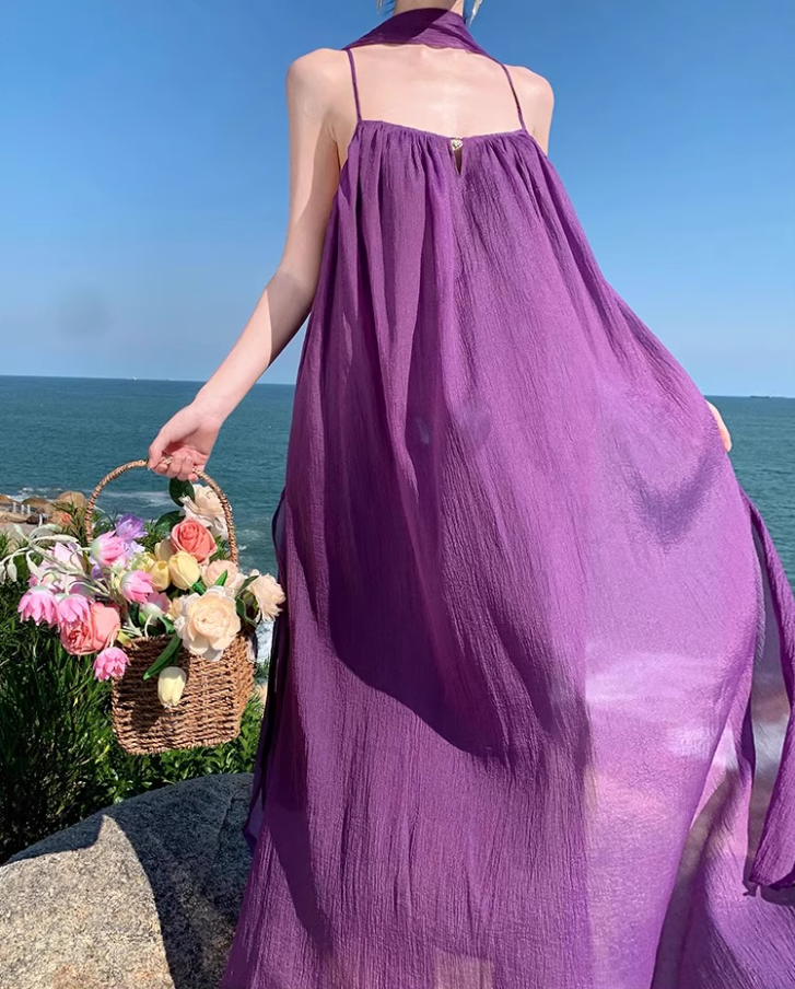Elegant Loose Style Tulle Layered Maxi Dress Coastal Trips Spaghetti Strap Purple Long Dress AP1192