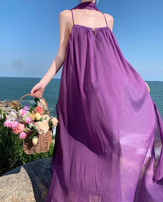 Elegant Loose Style Tulle Layered Maxi Dress Coastal Trips Spaghetti Strap Purple Long Dress AP1192