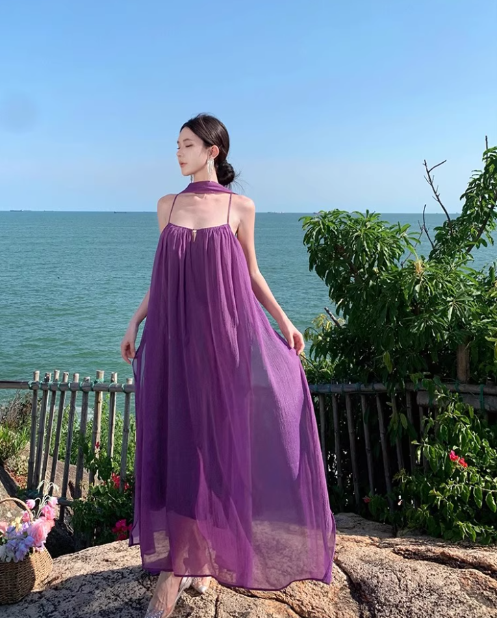 Elegant Loose Style Tulle Layered Maxi Dress Coastal Trips Spaghetti Strap Purple Long Dress AP1192